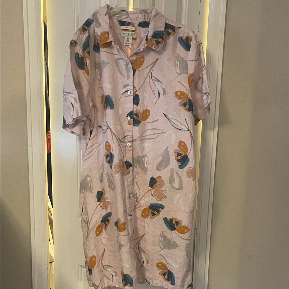 Rachel Zoe XL Soft Floral Button Linen Dress in Pink, Teal & Gray